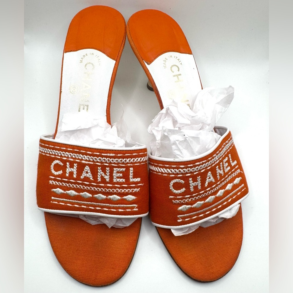 Chanel Logo Linen Stitched Bold Orange Sandals